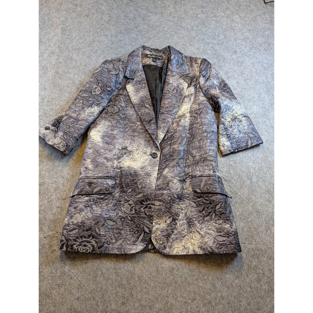 Elizabeth and James Blazer Women 8 Silver Floral Jacquard Metallic Jacket